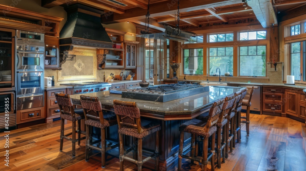 A kitchen with a large island featuring a built-in cooktop and plenty of seating for guests A kitchen with a large island featuring a built-in cooktop and plenty of seating for guests