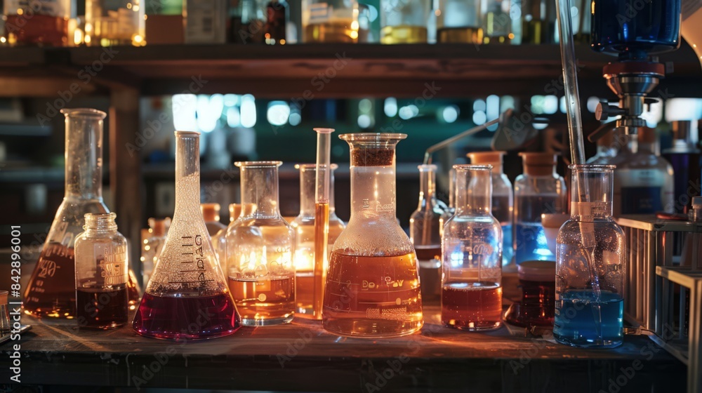 A laboratory setup with flasks and tubes demonstrates a complex chemical synthesis. A laboratory setup with flasks and tubes demonstrates a complex chemical synthesis.