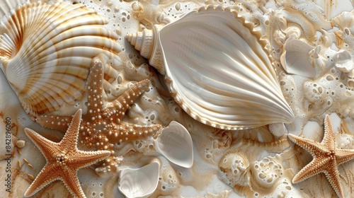 Closeup of a 3D model of a seashell and starfish, summer