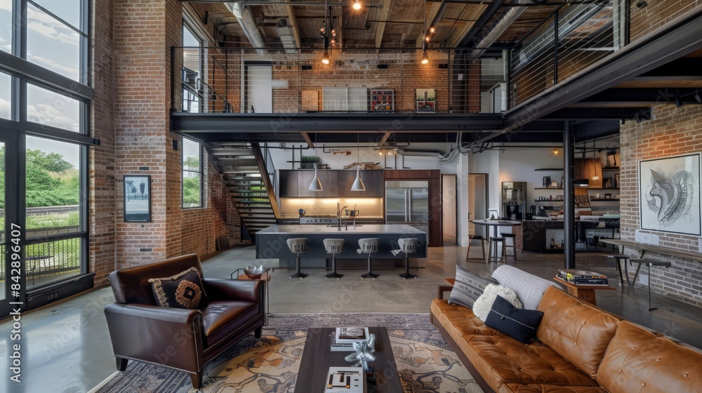 A loft-style house design with exposed brick walls, high ceilings, and industrial fixtures for a modern urban feel A loft-style house design with exposed brick walls, high ceilings, and industrial fixtures for a modern urban feel