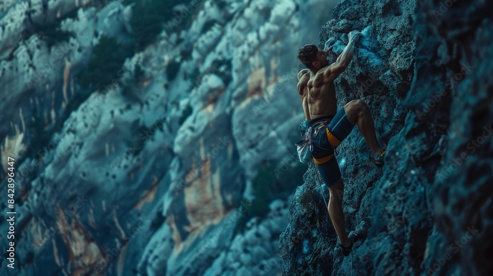 Fototapeta premium A climber ascending a steep, rugged cliff face, highlighting the intensity and thrill of rock climbing.