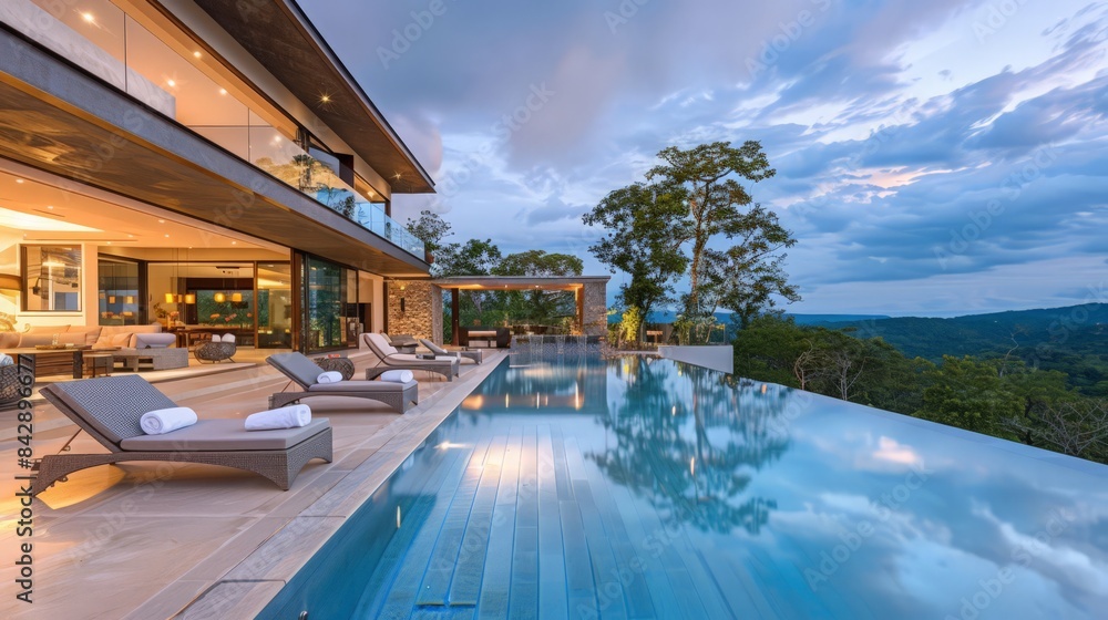 Fototapeta premium A luxurious sea house with panoramic ocean views, spacious balconies, and modern glass architecture