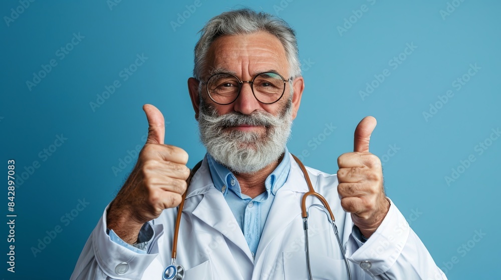 An experienced doctor in a white coat smiles against a white background, showing everything is fine, giving a thumbs-up An experienced doctor in a white coat smiles against a white background, showing everything is fine, giving a thumbs-up