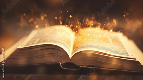 A book is open to a page with a bright yellow flame on it. The flame is surrounded by a lot of sparks, creating a sense of warmth and energy