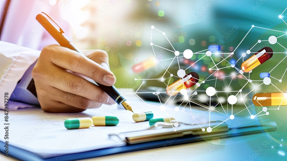 The doctor is writing a prescription, close-up image, abstract graphic elements The doctor is writing a prescription, close-up image, abstract graphic elements
