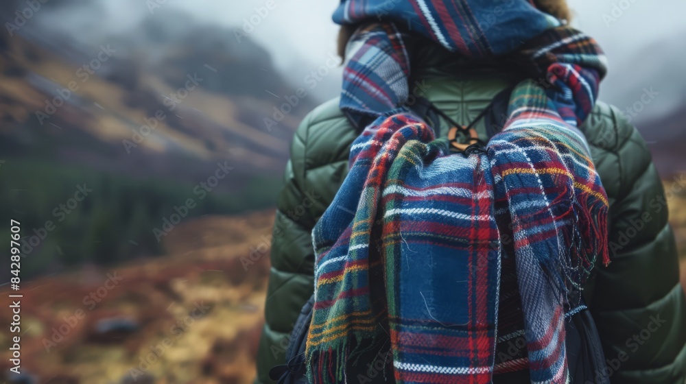 A plaid scarf wrapped around a hiker's neck, providing warmth in the mountains A plaid scarf wrapped around a hiker's neck, providing warmth in the mountains