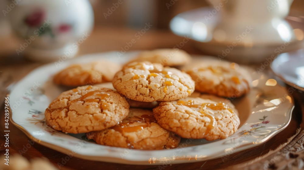 A plate of freshly baked caramel cookies, still warm from the oven. A plate of freshly baked caramel cookies, still warm from the oven.