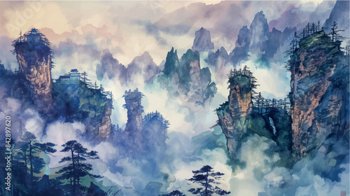 traditional chinese watercolor painting of mountain misty landscape, vector illustration