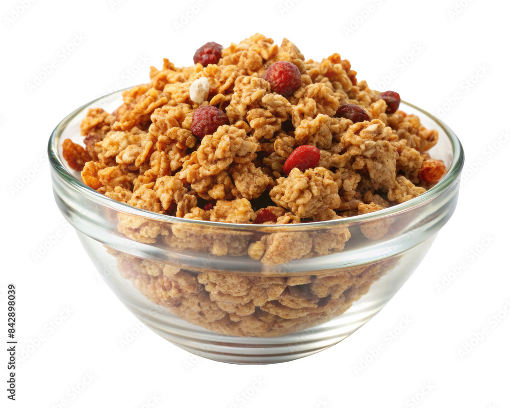 Bowl of crunchy granola with berries, featuring a mix of oats, nuts, and dried fruit, isolated on transparent background, png.