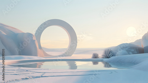 3d white and pastel colour landscape with rounded figure and moon shape features in outdoor enviornment photo