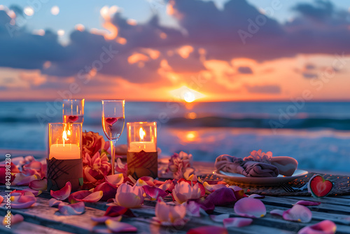 Roantic sunrise view with sea and heart and candles with beautiful view  photo