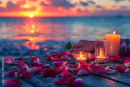 Roantic sunrise view with sea and heart and candles with beautiful view  photo