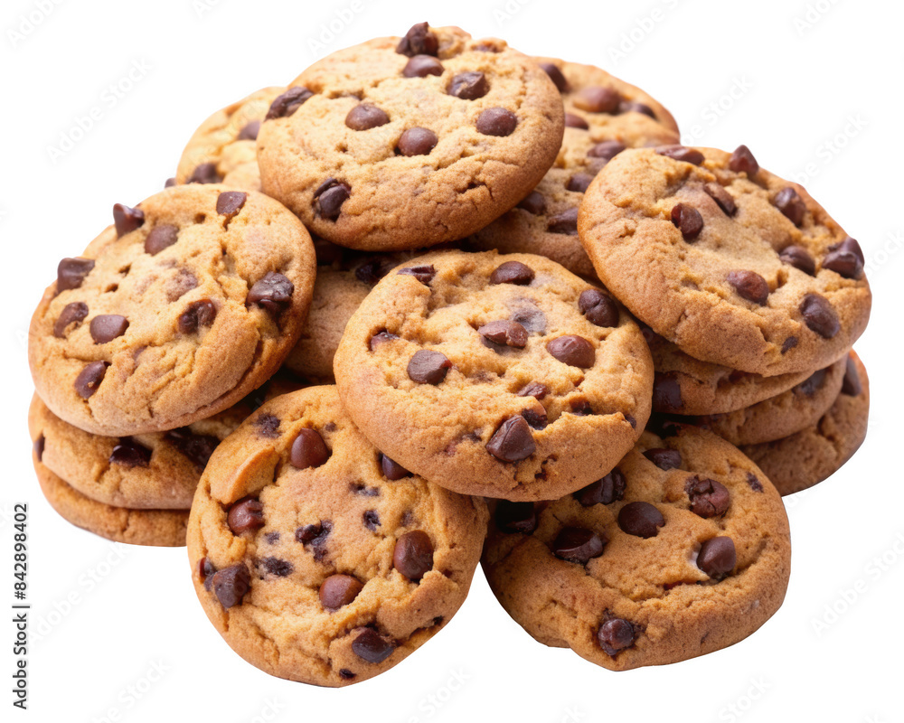 Pile of chocolate chip cookies, showcasing freshly baked treats with rich chocolate chunks, isolated on transparent background, png. Pile of chocolate chip cookies, showcasing freshly baked treats with rich chocolate chunks, isolated on transparent background, png.