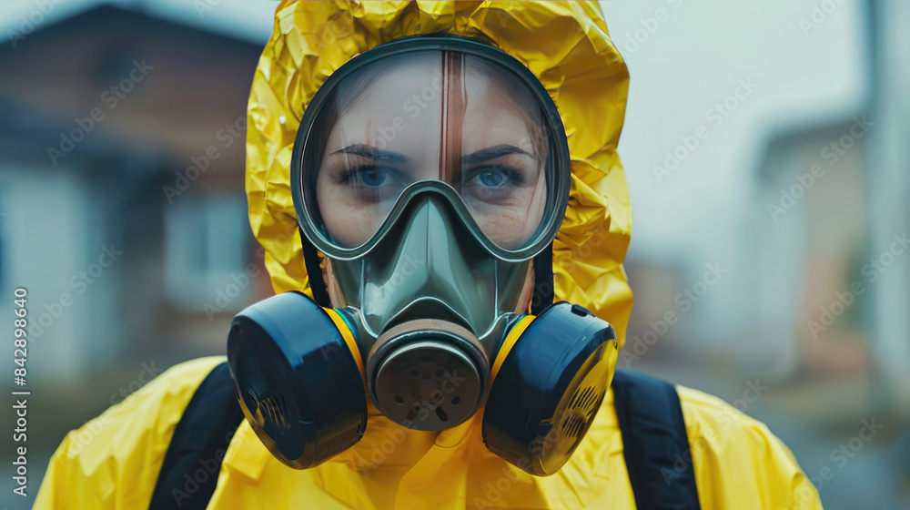 Female Worker in Hazmat Suit and Gas Mask Female Worker in Hazmat Suit and Gas Mask