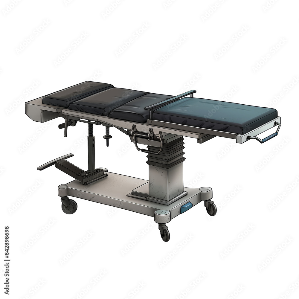 Sleek modern surgical table with blue pads 2D Game Art isolated on white background Sleek modern surgical table with blue pads 2D Game Art isolated on white background