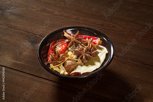 Traditional Chinese braised meat ingredients on a monochrome background photo