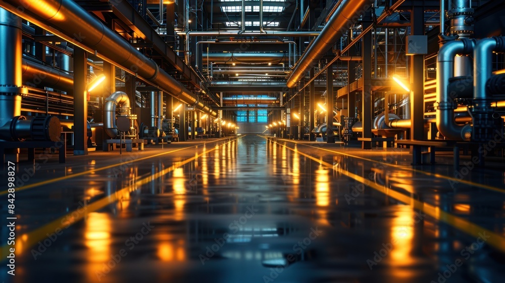 Fototapeta premium A large industrial building with a long hallway and many pipes