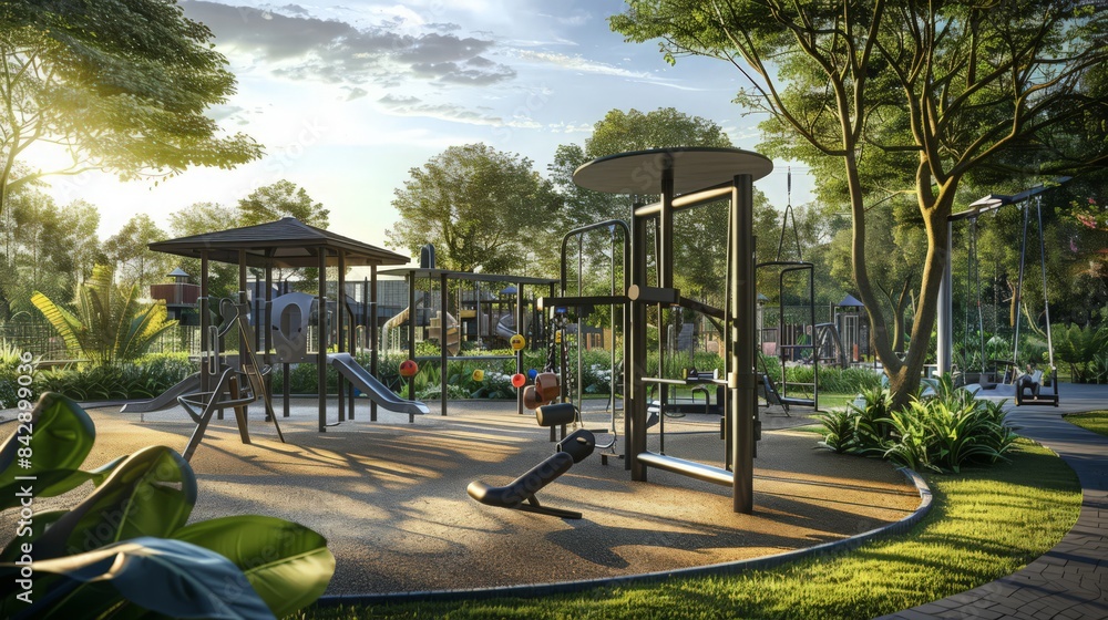 A playground adjacent to a community garden, encouraging children to explore nature and gardening A playground adjacent to a community garden, encouraging children to explore nature and gardening