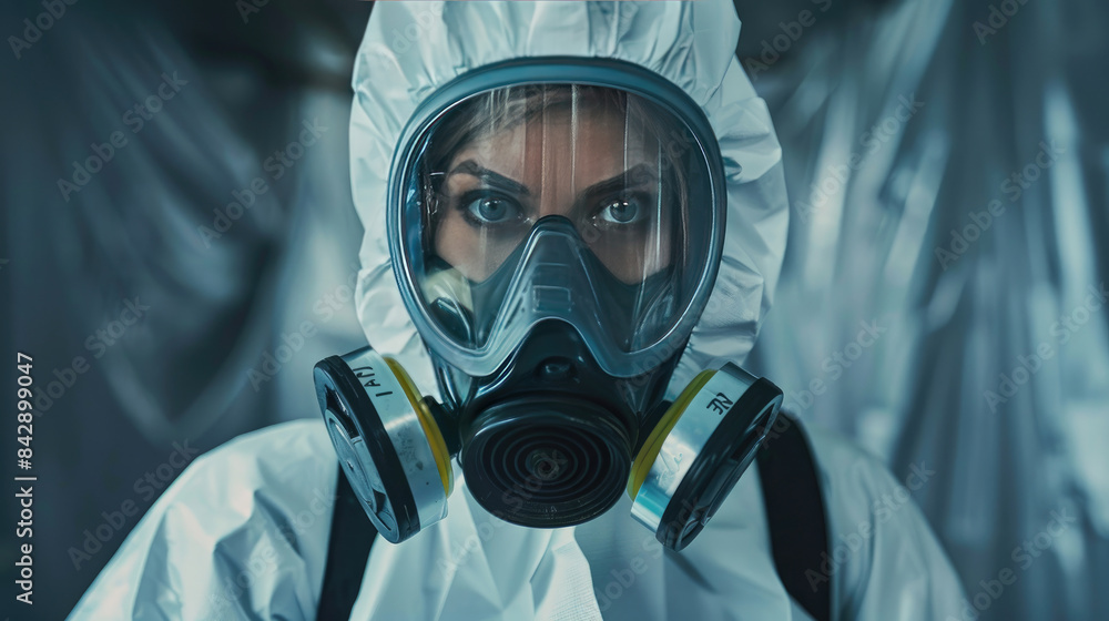 Female Worker in Hazmat Suit and Gas Mask Female Worker in Hazmat Suit and Gas Mask