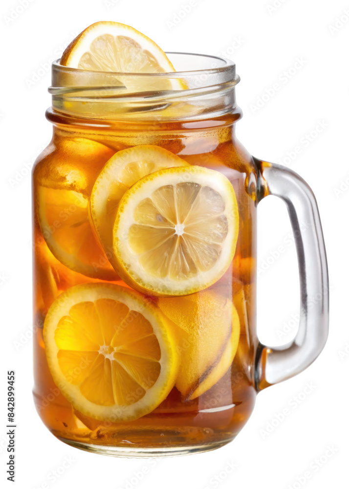 Jar of iced tea with lemon slices, featuring a refreshing drink in a mason jar, isolated on transparent background, png. Jar of iced tea with lemon slices, featuring a refreshing drink in a mason jar, isolated on transparent background, png.