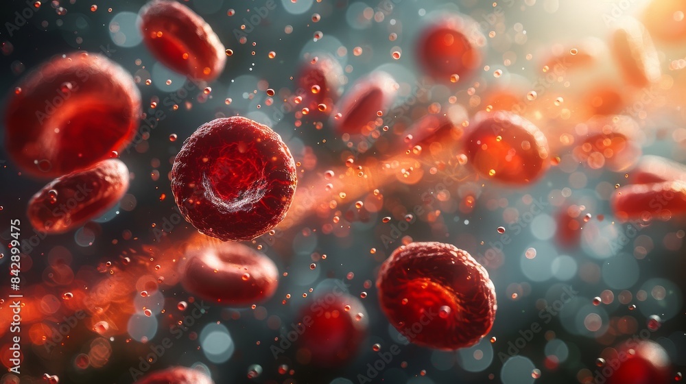 A high-definition 3D rendering of red blood cells traveling in a bloodstream with light particles and an energetic feel, reflecting themes of life and biology A high-definition 3D rendering of red blood cells traveling in a bloodstream with light particles and an energetic feel, reflecting themes of life and biology