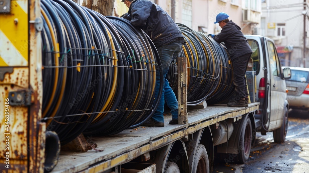 Thick coils of electrical cables being unloaded from a delivery van bound for an upcoming wiring job. Thick coils of electrical cables being unloaded from a delivery van bound for an upcoming wiring job.