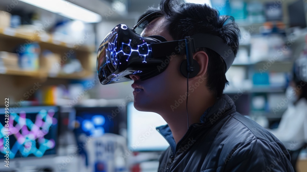 A researcher wearing VR goggles for a virtual simulation of a molecular model A researcher wearing VR goggles for a virtual simulation of a molecular model