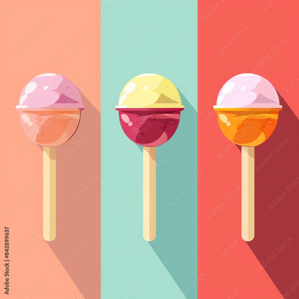 Three colorful lollipops on sticks, flat design style. Three colorful lollipops on sticks, flat design style.