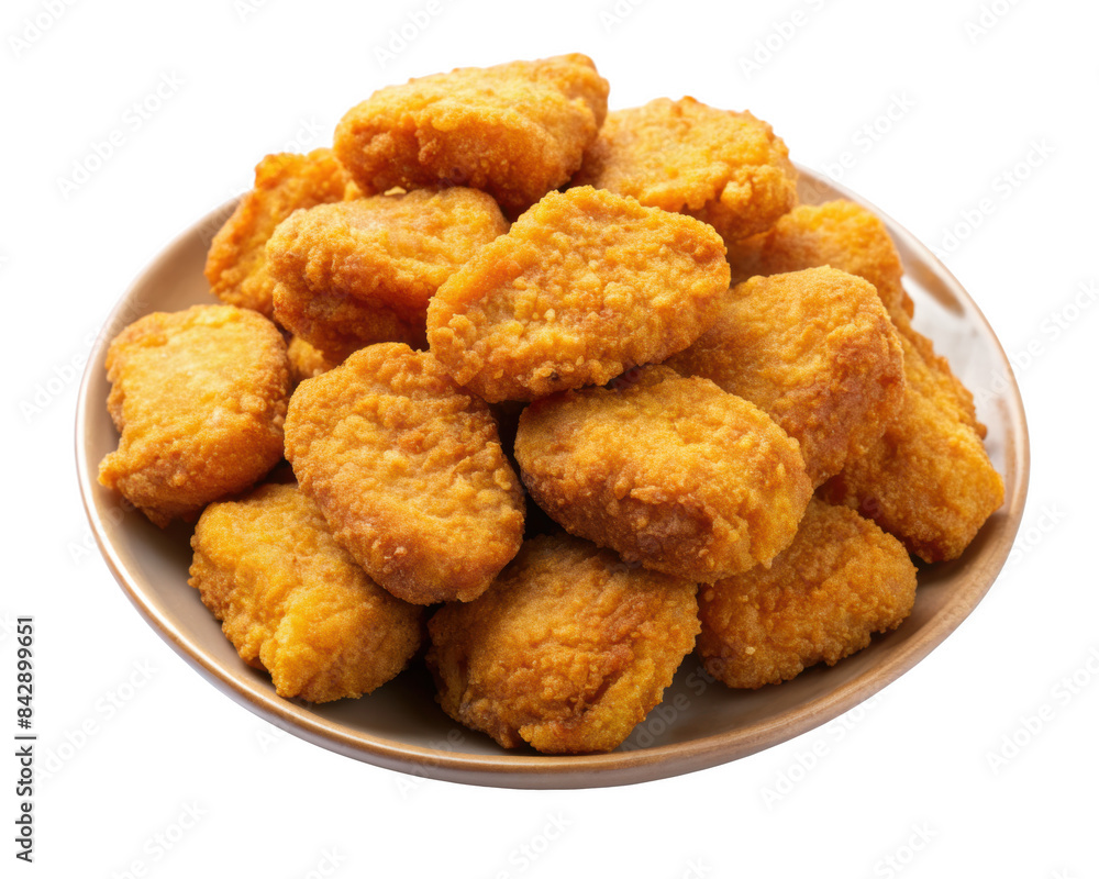 Plate of chicken nuggets, featuring a pile of golden fried snacks in a beige plate, isolated on transparent background, png. Plate of chicken nuggets, featuring a pile of golden fried snacks in a beige plate, isolated on transparent background, png.