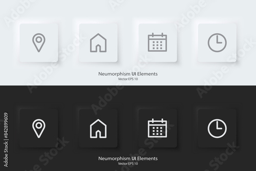 Appointment sign. A set of black and white square buttons with appointment symbols. Location, address, date and time icon. 3D Neumorphism design style for Websites, Interfaces, and mobile apps. UI UX.