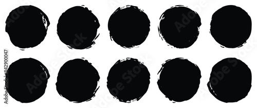 Set of grunge dirty circles. Brush-paint vector textures. Sponge circle stamp texture. Hand-drawn ink elements. Round