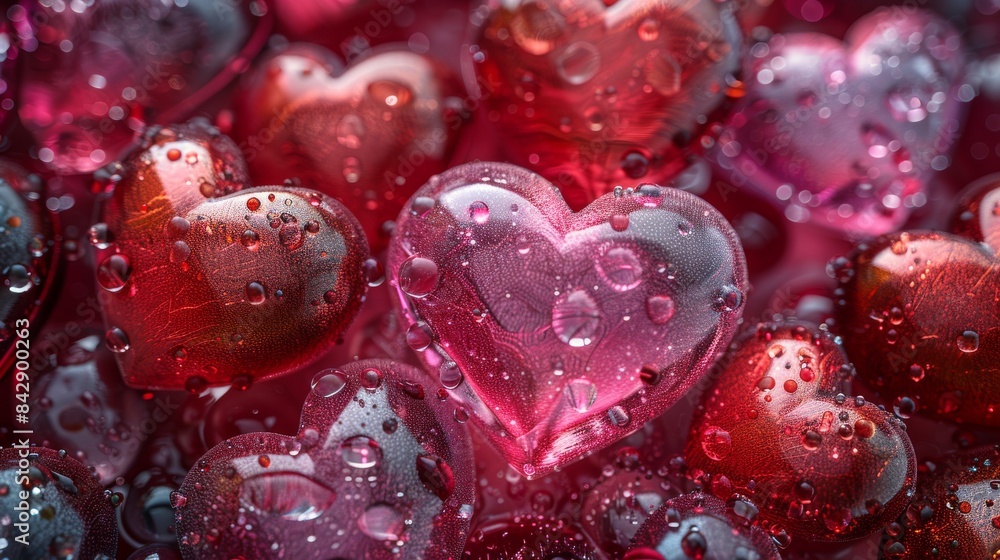 Macro close-up of water droplets on heart shapes showcasing intricate details with a love concept Macro close-up of water droplets on heart shapes showcasing intricate details with a love concept