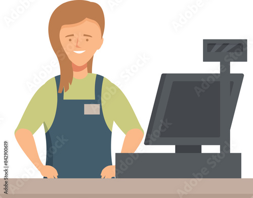 Cashier woman standing at cash desk in supermarket, smiling saleswoman working in grocery store
