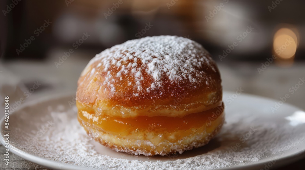 A soft caramel-filled doughnut, dusted lightly with powdered sugar. A soft caramel-filled doughnut, dusted lightly with powdered sugar.