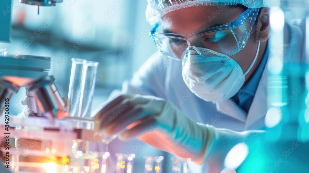 A dedicated scientist in protective gear examines samples under a microscope, highlighting the meticulous nature of laboratory research and scientific inquiry. A dedicated scientist in protective gear examines samples under a microscope, highlighting the meticulous nature of laboratory research and scientific inquiry.