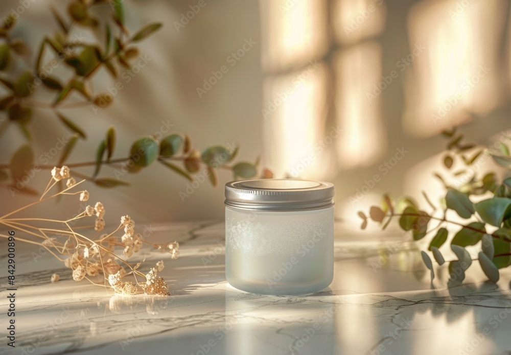 An elegant mockup featuring a blank frosted glass jar with a silver lid, placed on a marble countertop with soft natural lighting An elegant mockup featuring a blank frosted glass jar with a silver lid, placed on a marble countertop with soft natural lighting