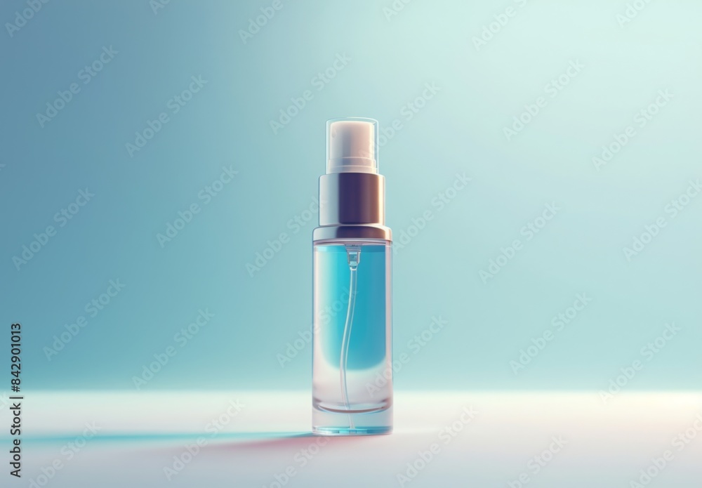 A blank airless pump bottle, standing upright with its cap off, showing the precision of the pump mechanism, set against a gradient backdrop from blue to white A blank airless pump bottle, standing upright with its cap off, showing the precision of the pump mechanism, set against a gradient backdrop from blue to white