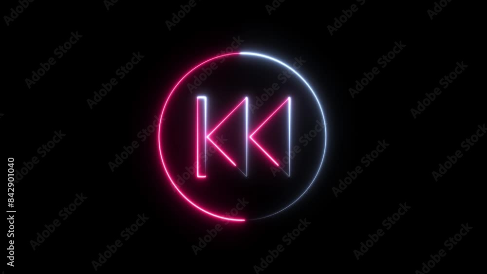 Linear neon animation of blue rewind button on black background. Motion graphic. Linear neon animation of blue rewind button on black background. Motion graphic.