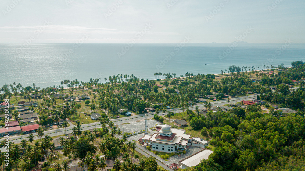 Aerial drone view of countryside settlements scenery at Pantai Jambu Bongkok, Marang, Terengganu, Malaysia Aerial drone view of countryside settlements scenery at Pantai Jambu Bongkok, Marang, Terengganu, Malaysia
