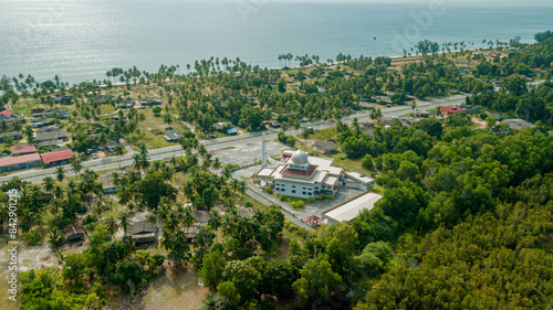 Aerial drone view of countryside settlements scenery at Pantai Jambu Bongkok, Marang, Terengganu, Malaysia