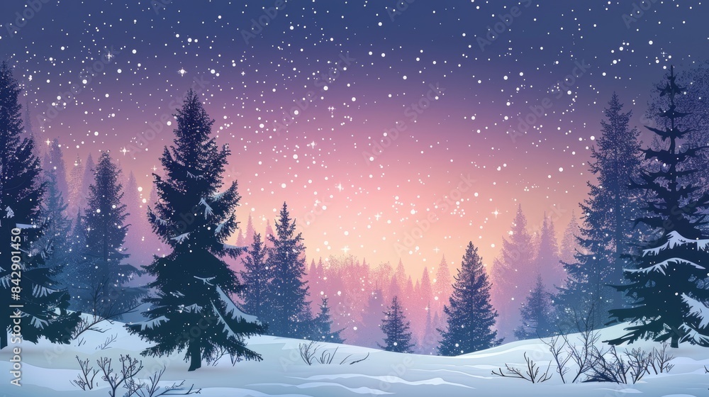 Fototapeta premium Scenic Winter Landscape with Snow-Covered Fir Trees and Pines under a Starry Night Sky. Coniferous Forest Perfect for Christmas Decoration