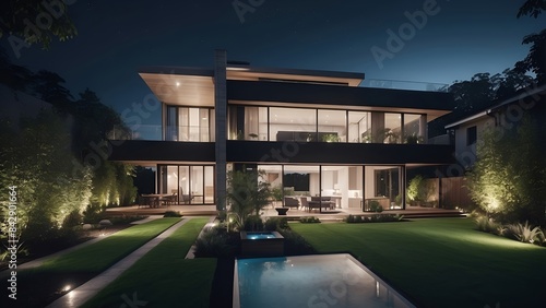 Modern house with garden illuminated at night, beautiful sight © StockArtEmpire.AI
