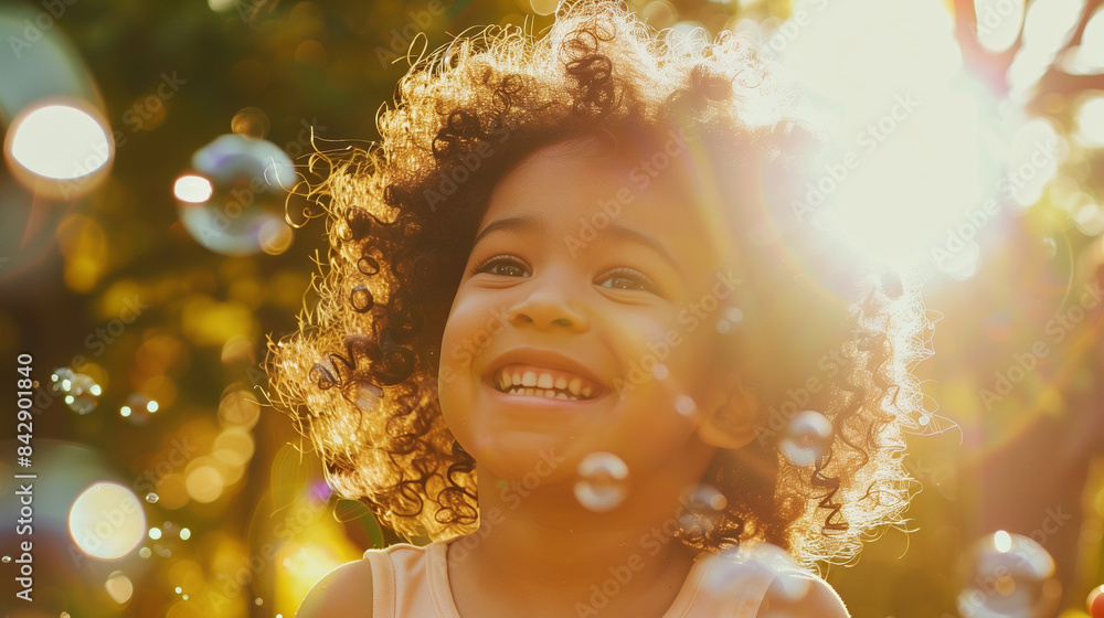 Happy child with curly hair playing with bubbles in a sunny garden Happy child with curly hair playing with bubbles in a sunny garden