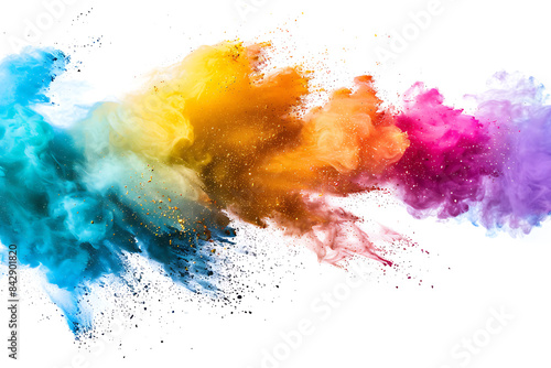 Splash of multi-colored powder dust on a white background.