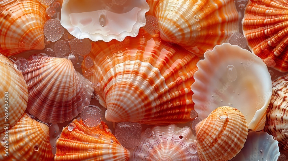 A variety of seashells are captured in close-up, showcasing their intricate patterns and vibrant colors with water droplets enhancing their texture A variety of seashells are captured in close-up, showcasing their intricate patterns and vibrant colors with water droplets enhancing their texture
