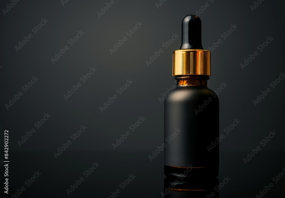 A close-up shot of a blank matte black dropper bottle, with a golden dropper cap, positioned on a reflective black surface A close-up shot of a blank matte black dropper bottle, with a golden dropper cap, positioned on a reflective black surface