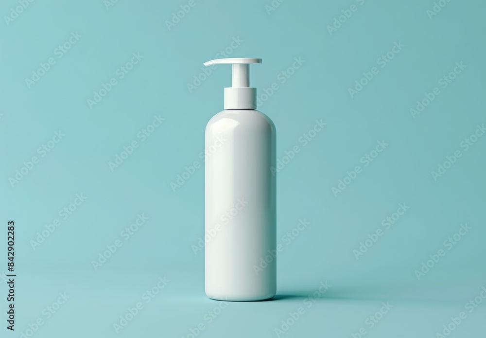 A high-resolution photo of a blank white cosmetic bottle with a pump dispenser, standing upright on a clean, minimalistic background A high-resolution photo of a blank white cosmetic bottle with a pump dispenser, standing upright on a clean, minimalistic background