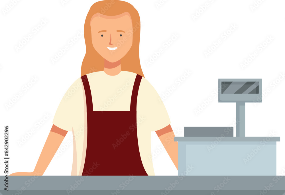 Smiling cashier woman wearing a red apron standing behind a checkout counter in a supermarket Smiling cashier woman wearing a red apron standing behind a checkout counter in a supermarket