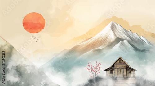 traditional chinese watercolor painting of tibetan mountains, misty landscape, vector illustration