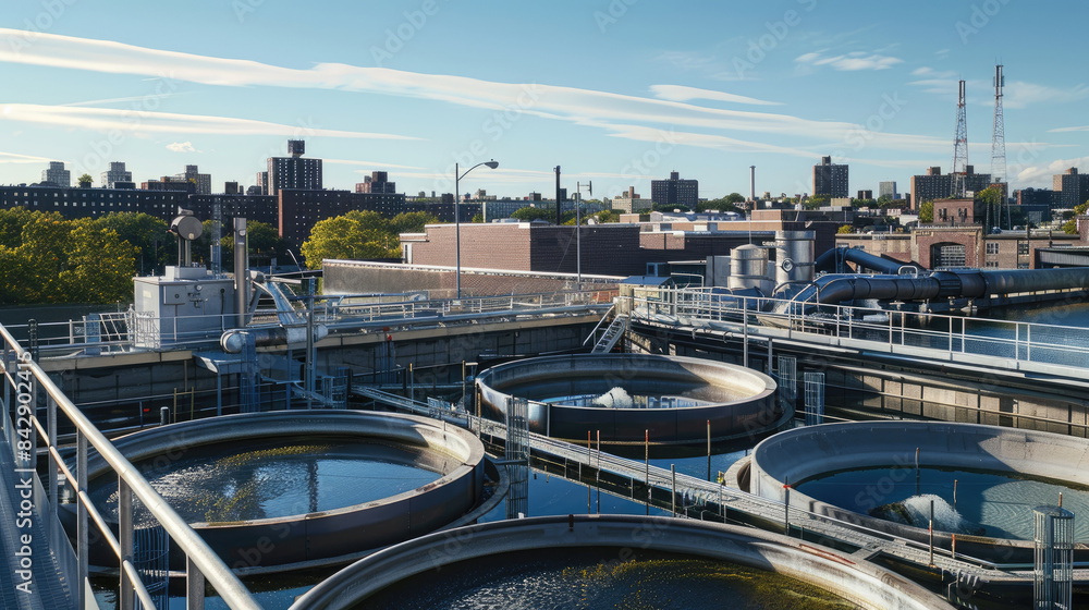 Naklejka premium Infrastructure of a Water Treatment Plant with Circular Tanks and Pipes in City Environment